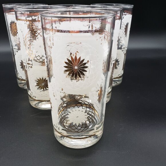Libbey Frosted Daisy Gold Highball Glass Set 6 Vintage Mid Century Barware - Picture 2 of 14